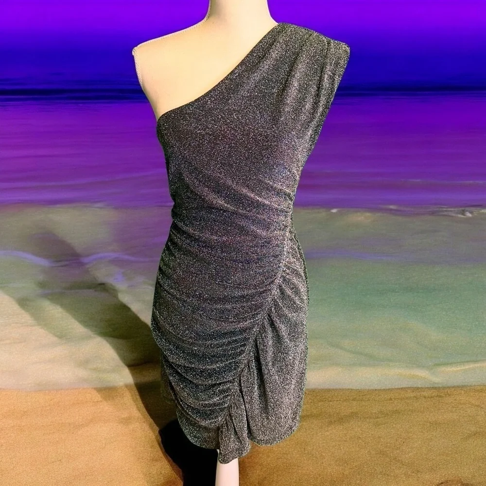 NWOT Free People ‘Malia’ One Shoulder Ruched Bodice Silver Metallic Dress Size S